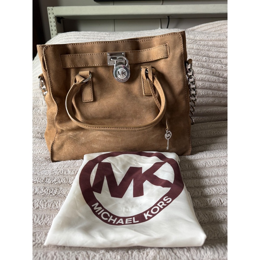 Michael Kors Hamilton Tan Suede Satchel Bag Silver Hardware Lock & Key Large